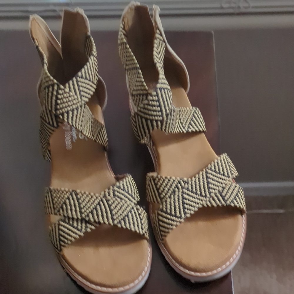 Stylish Women's Sandals in Black and Tan Bob's Skechers with memory Foam